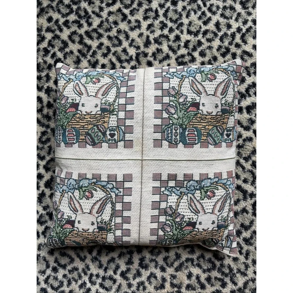 VTG Needlepoint Tapestry‎ Four Window Bunny Easter Pillow, 11.5x11.5